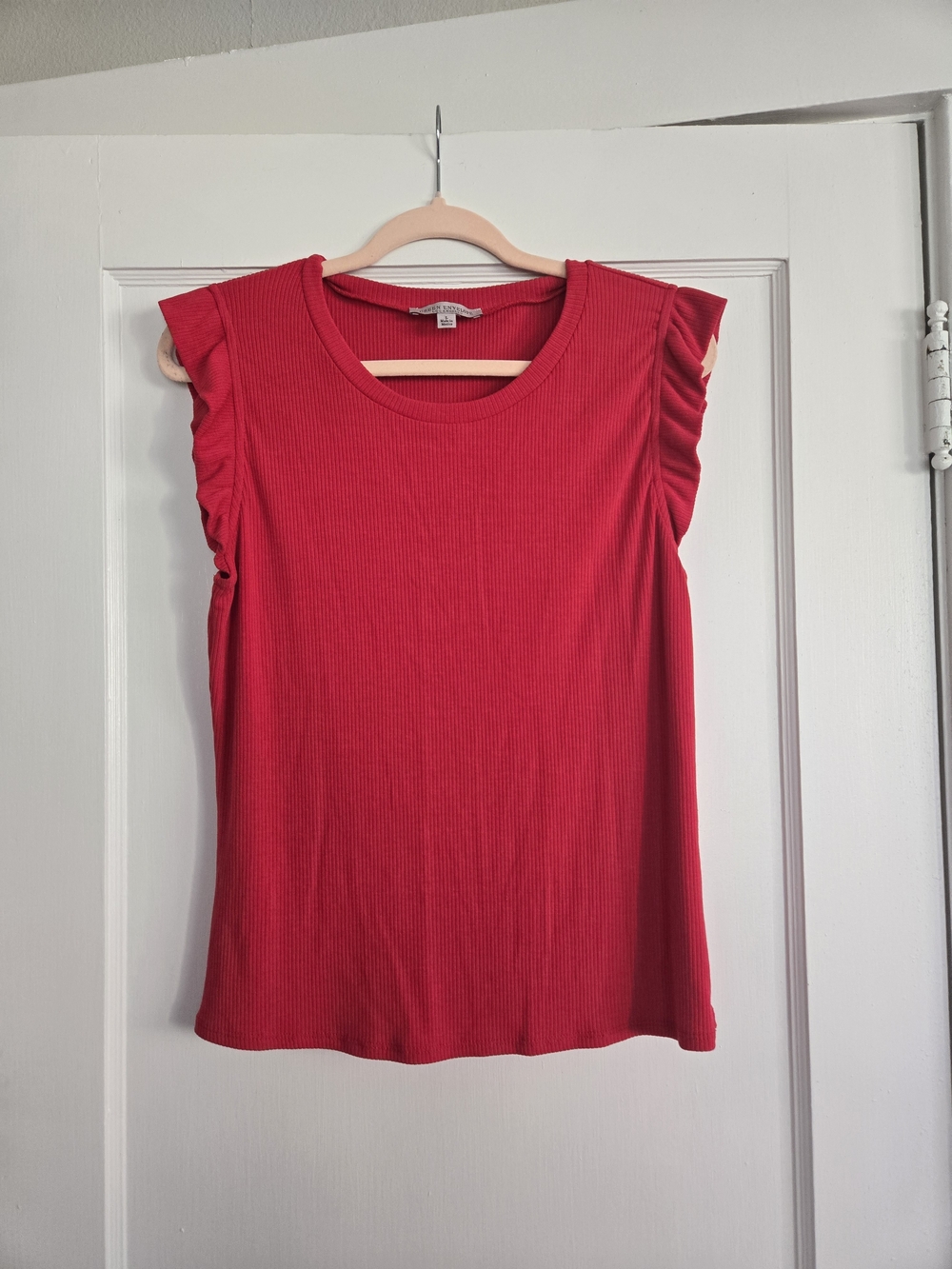 Bright Red Sleeveless Ruffle Shoulder Ribbed Tank - Green Envelope